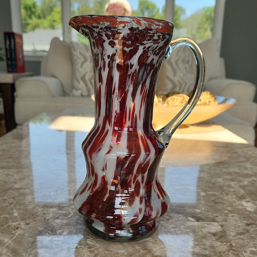 Vintage Red and White Glass Pitcher, 9" Tall